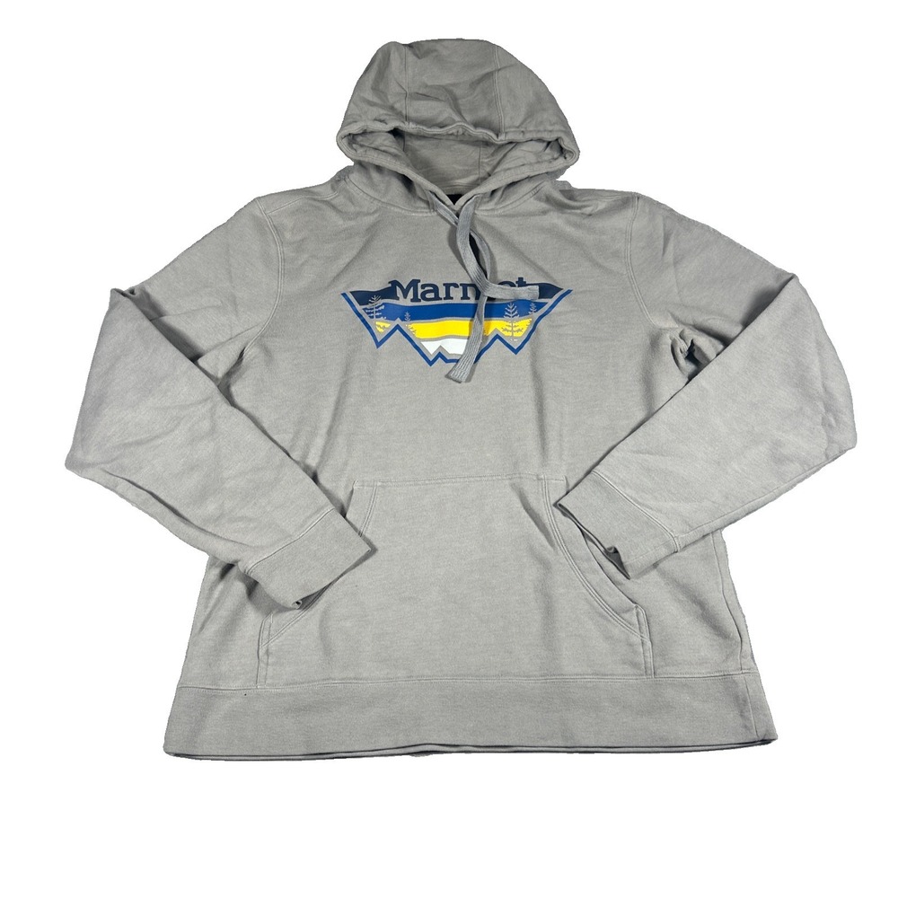 Marmot Hoodie Sweatshirt Men's Size M Gray Blue Mountain Logo Drawstring